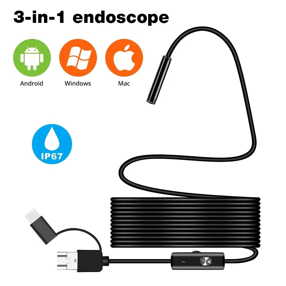 3-in-1 USB Inspection Camera - 7mm Waterproof Borescope with 6 LEDs